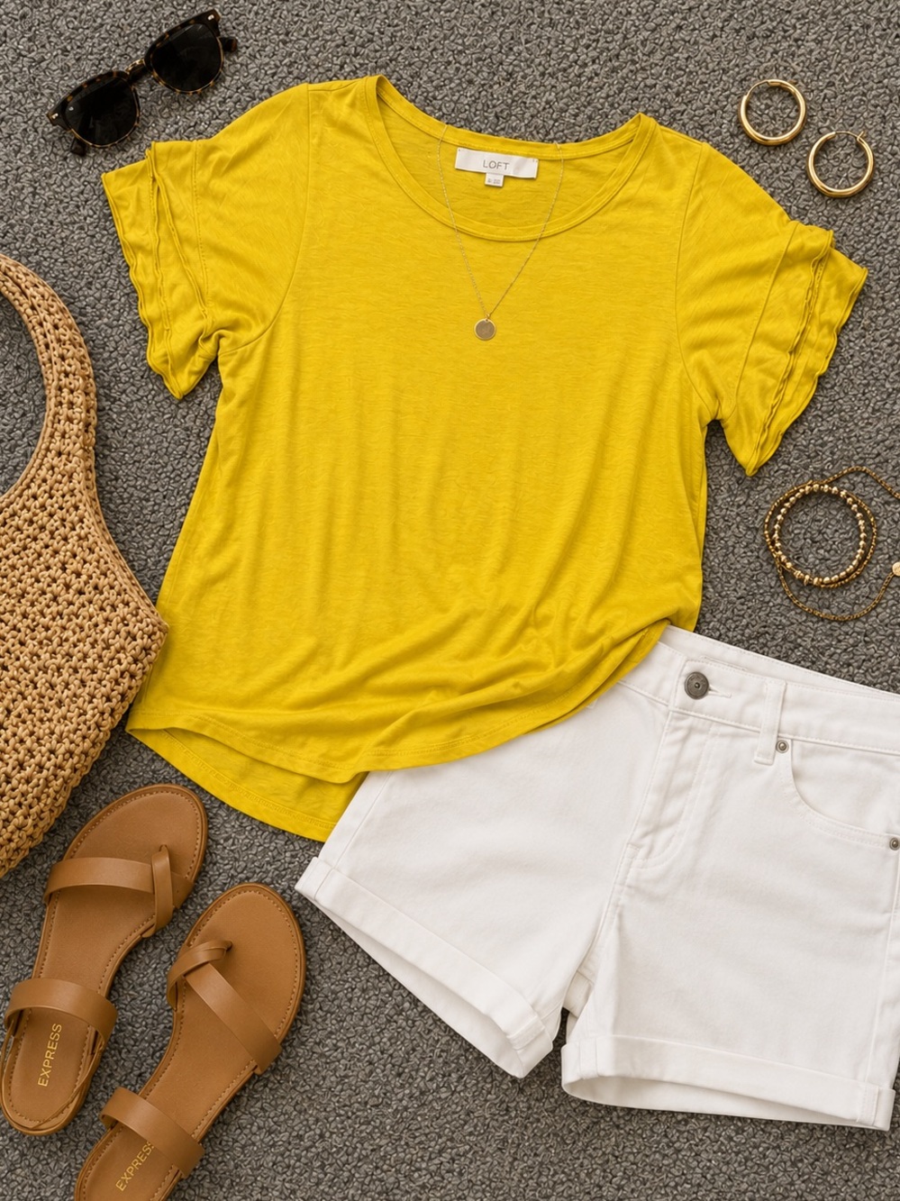 LOFT Yellow Ruffle Sleeve Short Sleeve Tee